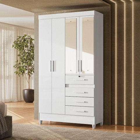 Guarda-Roupa Solteiro 4 Portas 4 Gavetas e 1 com Chave 2 Espelhos e Pés Sobral