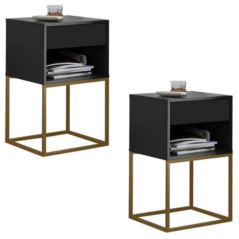 Kit 02 Mesas de Cabeceira Industrial Pé de Aço 1 Gaveta 1 Nicho - Preto/pé Dourado - Lh Móveis
