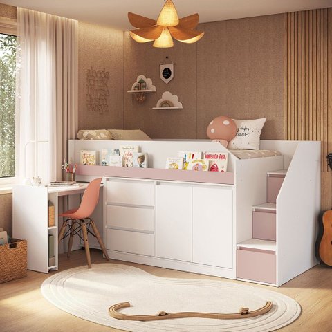 Cama Infantil Estação 4 Portas 4 Gavetas com Escrivaninha Branco/Rosa - Completa Móveis