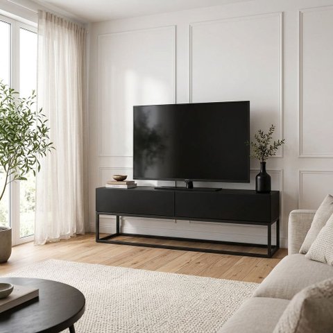 Rack para TV de até 50 Polegadas Eros 140cm MDF Preto com Pés de Ferro Preto Estilo Industrial