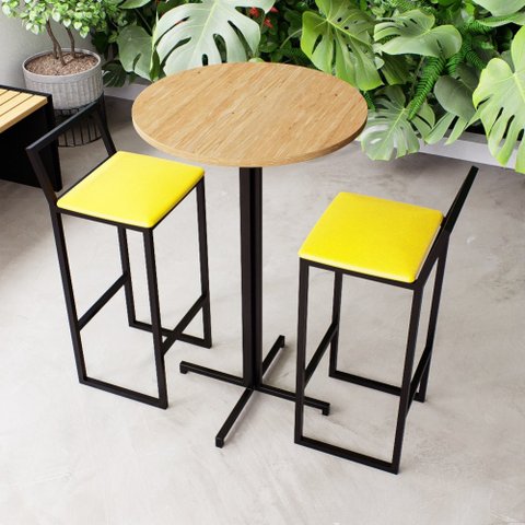 Conjunto Mesa Alta Bar Bistrô Redonda Pinus 2 Banquetas Estofado Industrial  Don Castro
