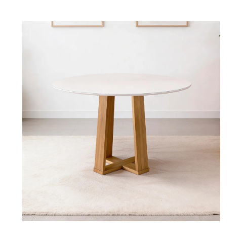 Mesa de Jantar 4 Lugares Redonda 117cm Tampo MDF com Vidro Belly N01 Ypê Off White - Lyam Decor