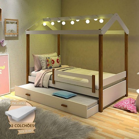Bicama Solteiro com Colchões e Led Casinha Montessoriana Eliz Proteção Branco/mel - Branco