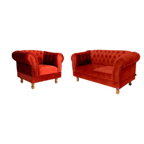 Conjunto Sofá Namoradeira Chesterfield Capitone Suede Vermelho Decorativa / Sala, Tv, Estar, Recepçã