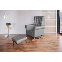Poltrona Amamentação Aquila Luxo Balanço com Puff Linho Grafite com Capitonê - Ideal Móveis - 1