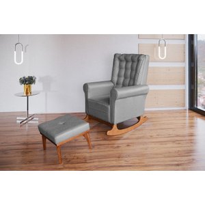 Poltrona Amamentação Aquila Luxo Balanço com Puff Linho Grafite com Capitonê - Ideal Móveis