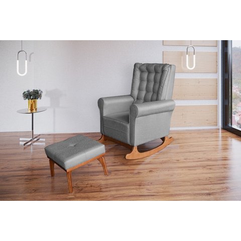 Poltrona Amamentação Aquila Luxo Balanço com Puff Linho Grafite com Capitonê - Ideal Móveis