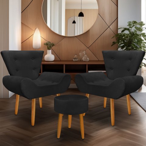 Kit 2 Poltrona Emilia +puff Redondo Decorativo:preto