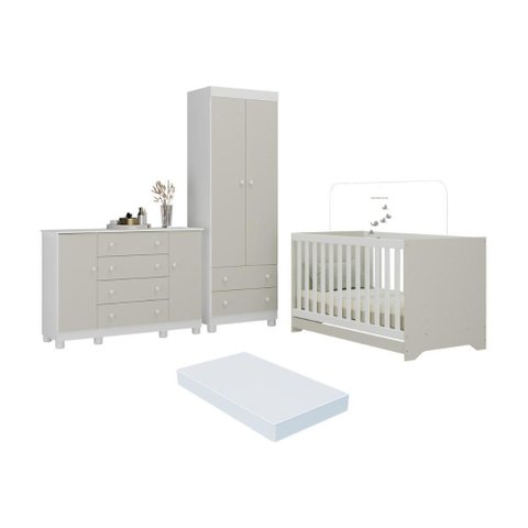 Quarto de Bebê Completo Berço Americano 3 em 1 Colchão Allegra Multimóveis Mp4610 Branco/off