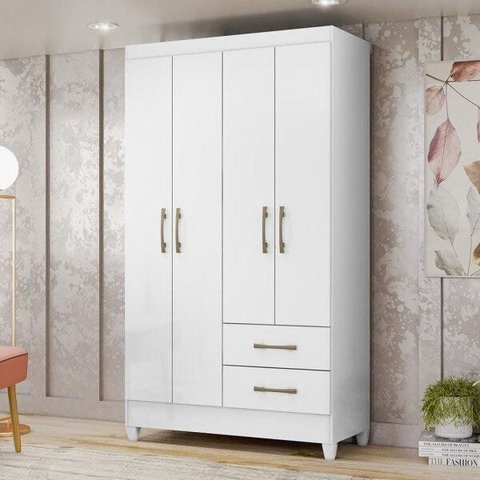 Guarda-Roupa Solteiro 4 Portas 2 Gavetas e Pés Chile Branco