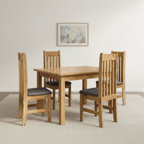 Conjunto Sala de Jantar Mesa 120cm e 4 Cadeiras Estofadas 100% Madeira Maciça Essen Yescasa Marrom/Nogueira/Cinza