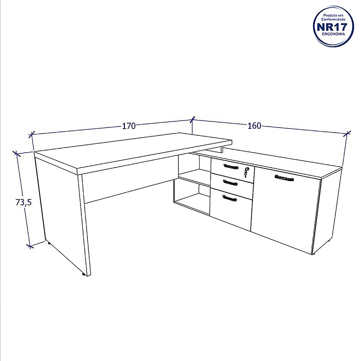 Mesa de Escritório em L 170cm com Balcão e 3 Gavetas Cor:cinza Claro - 2