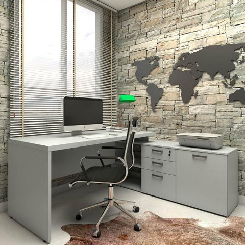 Mesa de Escritório em L 170cm com Balcão e 3 Gavetas