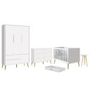 Ver imagem 1 de Dormitório Infantil Theo 3 Portas, Cômoda 6 Gavetas, Berço, Mesa de Canto Branco Fosco com Pés Madei