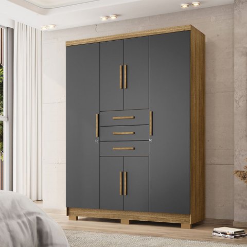 Guarda Roupa Casal Belga 6 Portas de Bater 3 Gavetas com Cabideiros Nature/chumbo G98 - Gran Belo