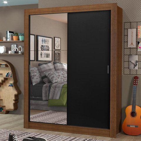 Guarda-Roupa Solteiro Madesa Dallas Plus 2 Portas de Correr com Espelho 4 Gavetas Rustic/Preto Cor:R