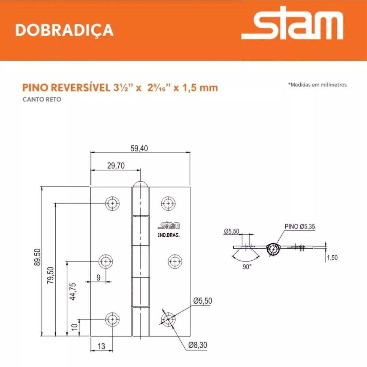 Dobradiça Pino Reversível 3½x2 5/16 X1,5mm Galvanizado Stam - 2