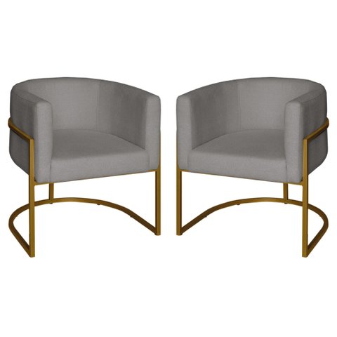 Kit 2 Poltronas Decorativa Luxo Base de Metal Dourada Escritório Recepção Sala Suede Prata Eli Móvei