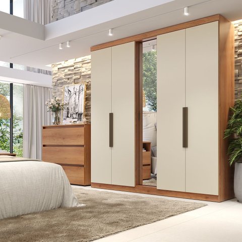 Guarda-Roupa Casal 5 Portas 4 Gavetas com Espelho MDF 200cm Supremo Off White Freijó/Areia