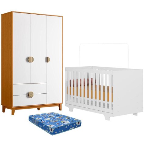 Berço Nacional Life 2217 com Colchão Ortobom com Guarda Roupa Ipê 3 Portas Branco Cinamomo - Mó