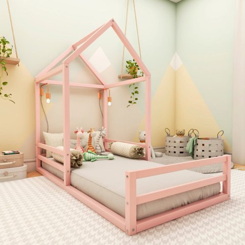 Cama Montessoriana Solteiro Meia Casinha Rosa/Limonada