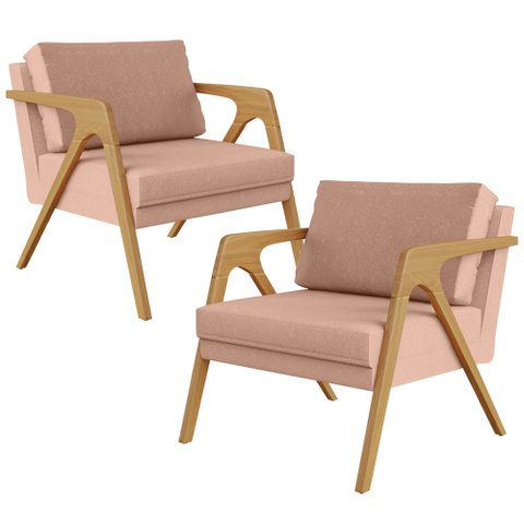 Kit 2 Poltronas Decorativas para Sala Estar Pietra Estrutura de Madeira L02 Linho Rosê - Lyam