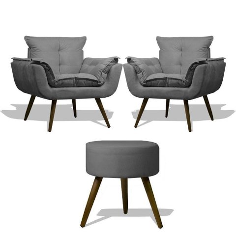 Kit 2 Poltronas Opalas com Puff Redondo Suede Grafite