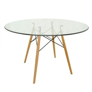 Mesa Redonda Tampo Vidro e Base Madeira Eiffel  Móveis
