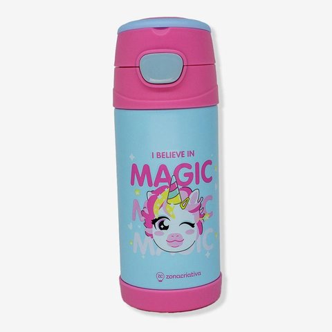 Garrafa Térmica Infantil Click Canudo 350ml C/adesivo Unicórnio