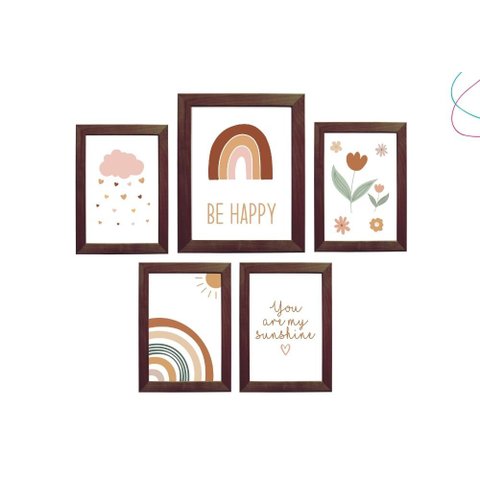 Kit 5 Quadros Decorativos Arco-íris Boho Escandinavo:tabaco