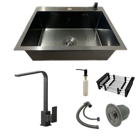 Cuba Cozinha Aço Inox Preta Quadrada 60x45 C/ Torneira