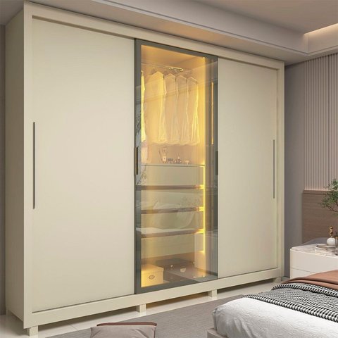 Guarda-Roupa Casal 3 Portas 1 Porta Reflecta com LED com Pés 100% MDF Royale Off White