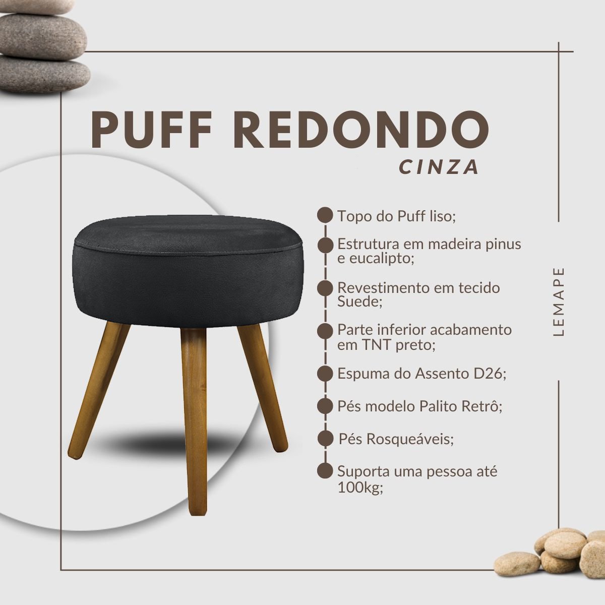 Puff Redondo Decorativo Sala Quarto Pés Palito Suede Cinza - 3