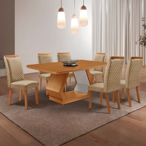 Mesa de Jantar Alvorada 180cm Tampo Canto Copo MDF Laminado e 6 Cadeiras Lorena