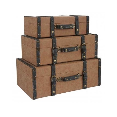 CONJUNTO. DE BAÚS DE MADEIRA COM TECIDO MARROM E PRETO - 3PCS BTC Decor