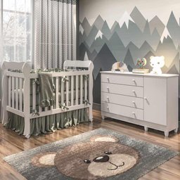 Quarto de Bebê Taís Berço 3 em 1 Lila Cômoda Infantil 4 Gavetas com Porta Branco Brilho Carolina - 1