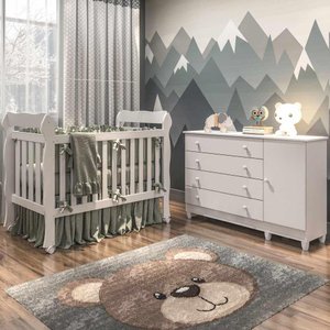 Quarto de Bebê Taís Berço 3 em 1 Lila Cômoda Infantil 4 Gavetas com Porta Branco Brilho Carolina
