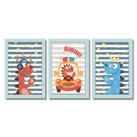 Kit Quadros Infantil Dino Kids 20X30 3 peças Arte na Arte Safari Aquarela Moldura Azul