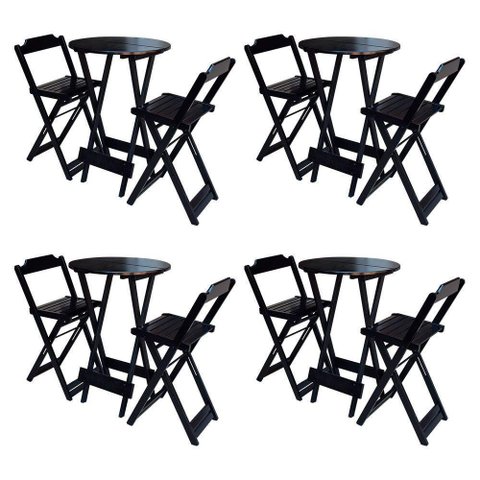 Kit 4 Jogos De Mesa Bistrô De Madeira Com 2 Cadeiras Dobravel Preto - Preto