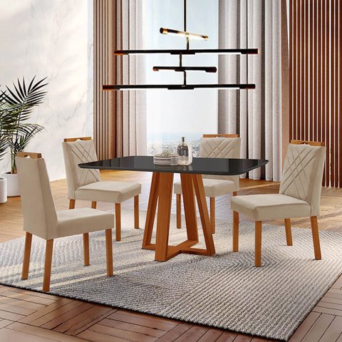 Conjunto Sala de Jantar Mesa Floripa Madeira Maciça 140x80cm Tampo Retângular Vidro Preto com 4 Cade