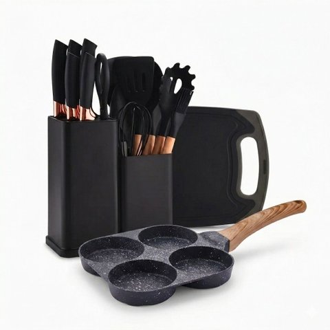 Kit Cozinha Completo 19 Peças Preto + Frigideira 4 em 1 Antiaderente para Ovos Panqueca
