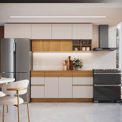 Cozinha Modulada Completa 5 Peças 9 Portas 4 Gavetas Ripadas Fecho Click 4 Nichos 260cm com Rodapé 1