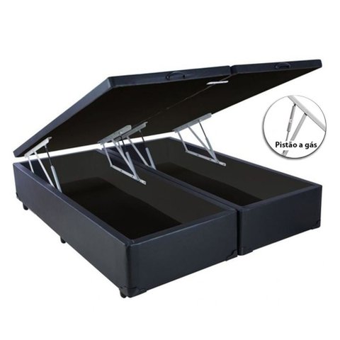 Cama Box Baú King Size Bipartido Sintético Preto com Pistão a Gás