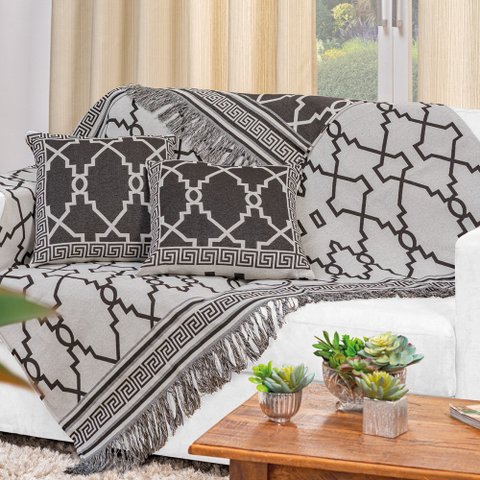 Kit 5 Peças Xale para Sofá 1,35x1,35m com Almofadas Cheias Dupla Face Grécia Jacquard Cor Preto