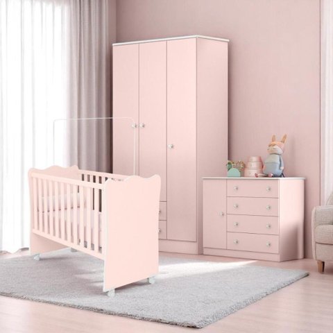 Berço Doce Sonho Rosa + Kit Rodízio + Cômoda Sapateira 4g + Guarda-roupa 3p/2g Doce Sonho