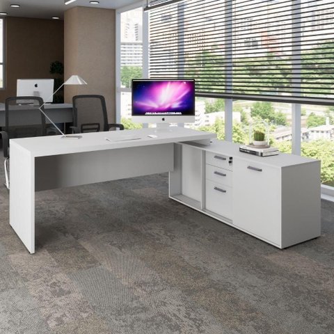 Mesa Escritório em L com Armário Lateral F5 Office g Moderno 3 Gavetas Cinza