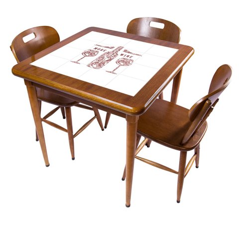 Cj Mesa Madeira Azulejo 80x80cm - Base 4pé 78cm + 3 Cadeiras 43 - Natural - More Wine