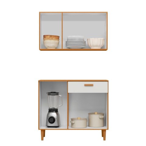 Kit Combo Cozinha Compacta Balcão e Armário Aéreo Ester 5 Portas 1 Gaveta Freijo Off White Poliman