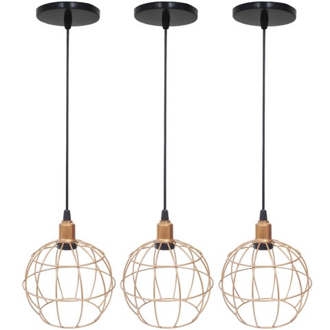 3 Pendentes Aramado Globo Luminária Lustre Luxo Teto Retrô Vintage Cobre Rose Gold Industrial