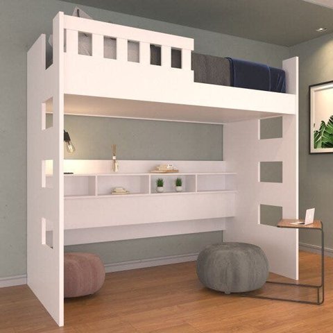 Cama Alta com Nichos e Grade de Proteção U233523 Branco